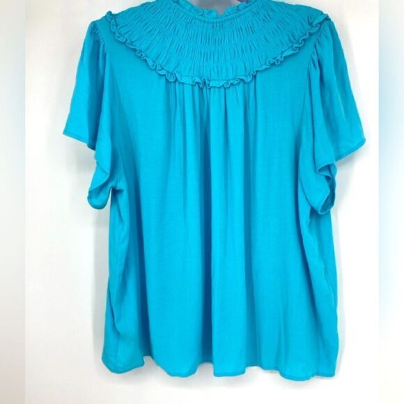 Torrid Smocked Yoke Ruffle Turquoise Top Size 2 - Picture 6 of 10